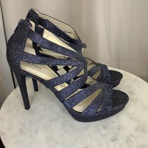 NWOT Alfani Navy Glitter Heels‎ Strappy Stiletto Evening Party Shoes Size 8.5M